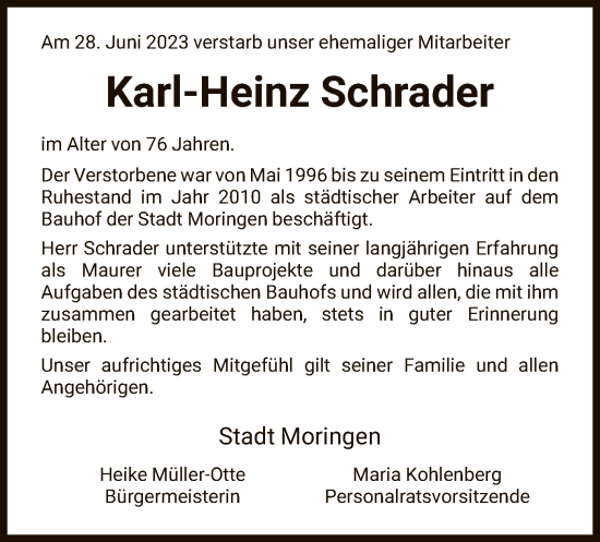 Traueranzeige von Karl-Heinz Schrader von HNA