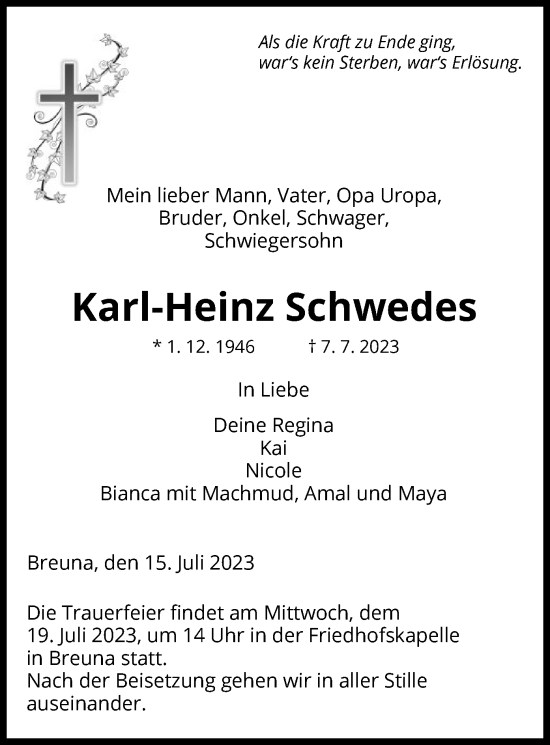 Traueranzeige von Karl-Heinz Schwedes von HNA