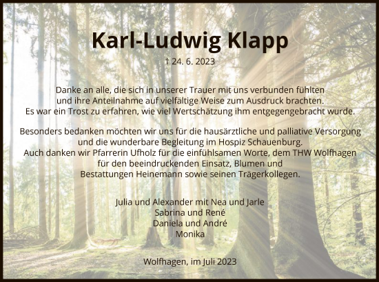 Traueranzeige von Karl-Ludwig Klapp von HNA