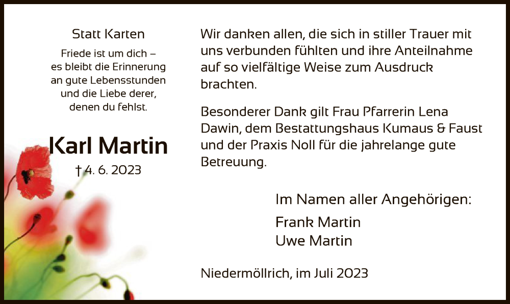  Traueranzeige für Karl Martin vom 08.07.2023 aus HNA