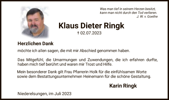 Traueranzeige von Klaus Dieter Ringk von HNA