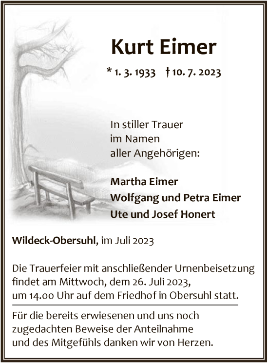 Traueranzeige von Kurt Eimer von HNA