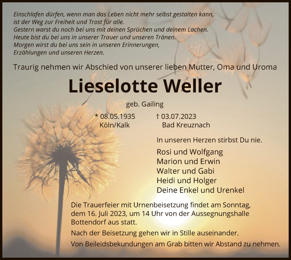  Traueranzeige für Lieselotte Weller vom 12.07.2023 aus HNA