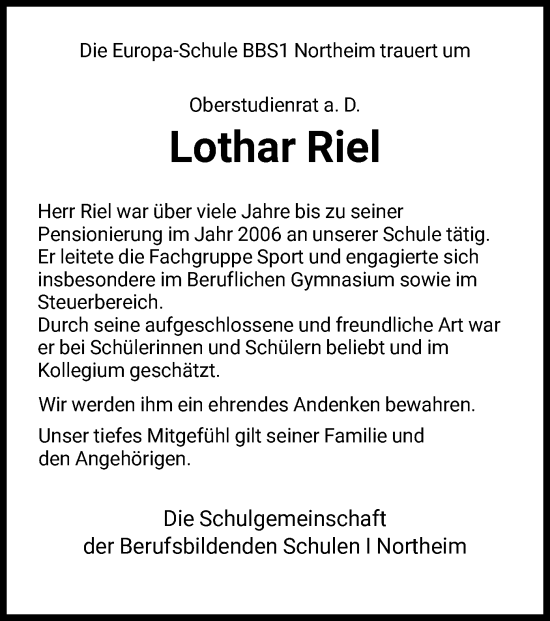 Traueranzeige von Lothar Riel von HNA