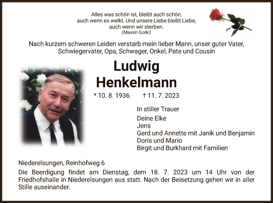 Traueranzeige von Ludwig Henkelmann von HNA