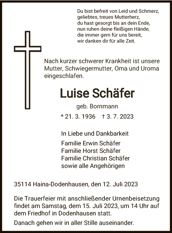 Traueranzeige von Luise Schäfer von HNA