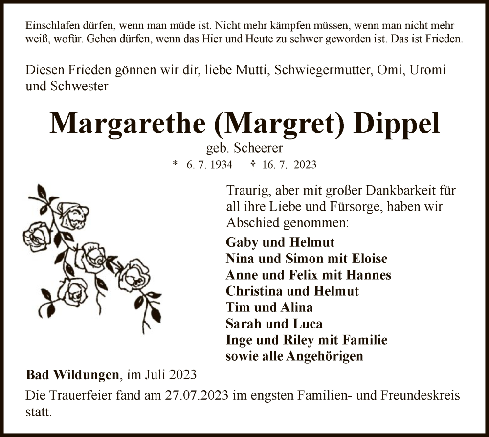  Traueranzeige für Margarethe Dippel vom 29.07.2023 aus WLZ