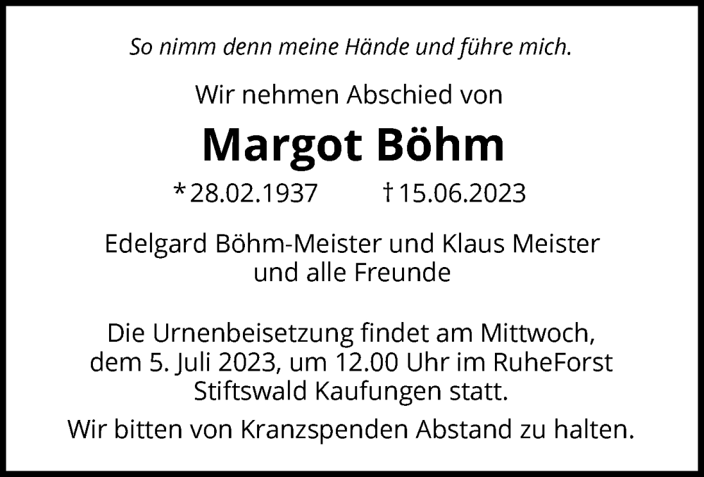  Traueranzeige für Margot Böhm vom 01.07.2023 aus HNA