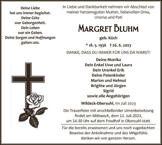 Traueranzeige von Margret Bluhm von HNA