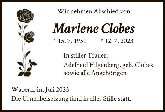 Traueranzeige von Marlene Clobes von HNA