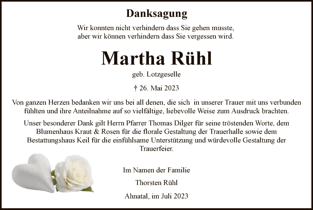  Traueranzeige für Martha Rühl vom 14.07.2023 aus HNA