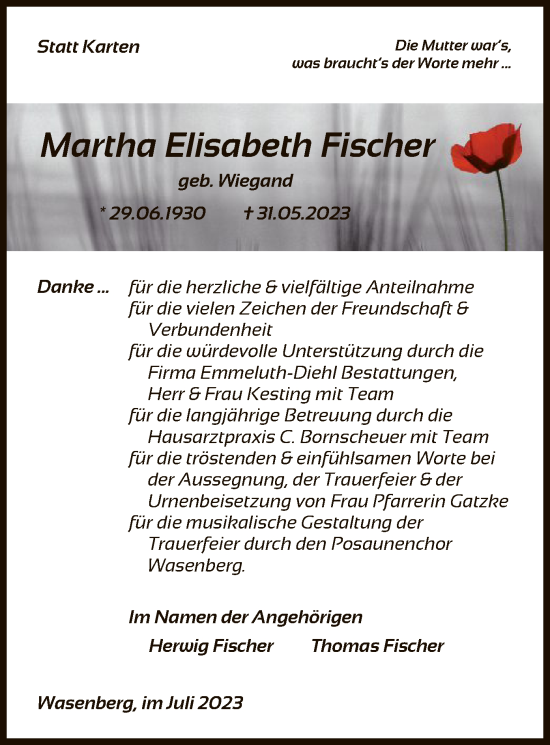 Traueranzeige von Martha Elisabeth Fischer von HNA