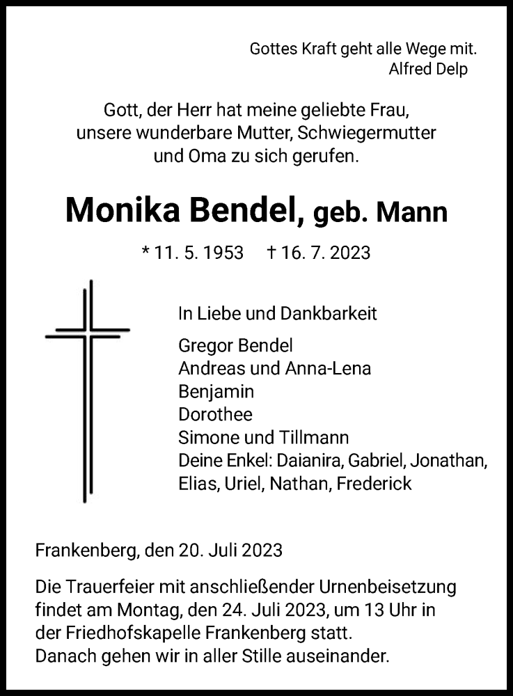  Traueranzeige für Monika Bendel vom 20.07.2023 aus HNA