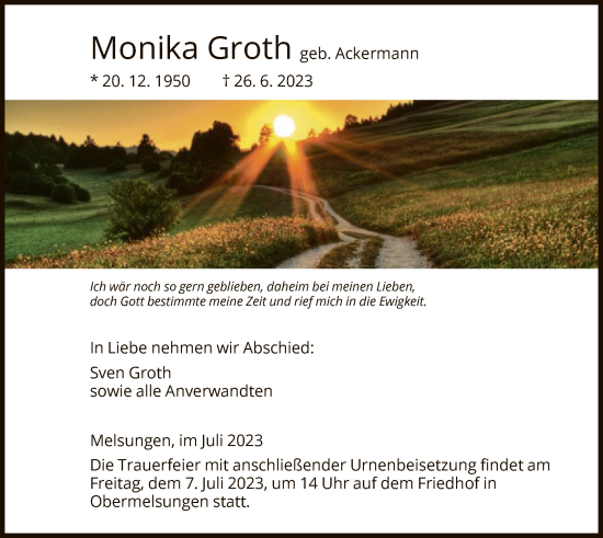 Traueranzeige von Monika Groth von HNA