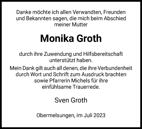 Traueranzeige von Monika Groth von HNA