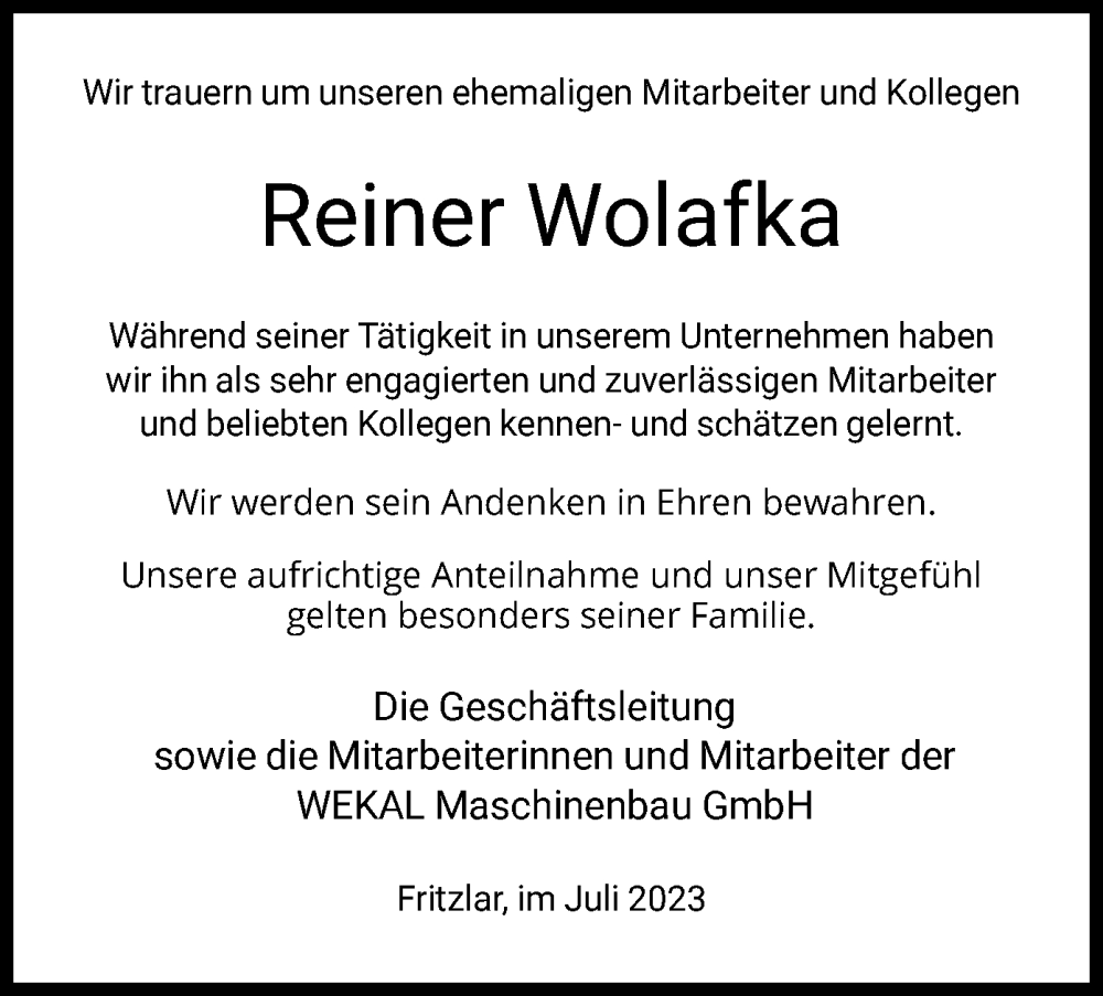  Traueranzeige für Reiner Wolafka vom 22.07.2023 aus HNA