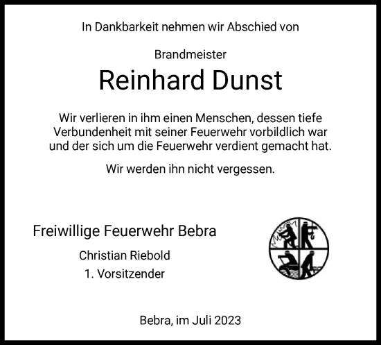 Traueranzeige von Reinhard Dunst von HNA