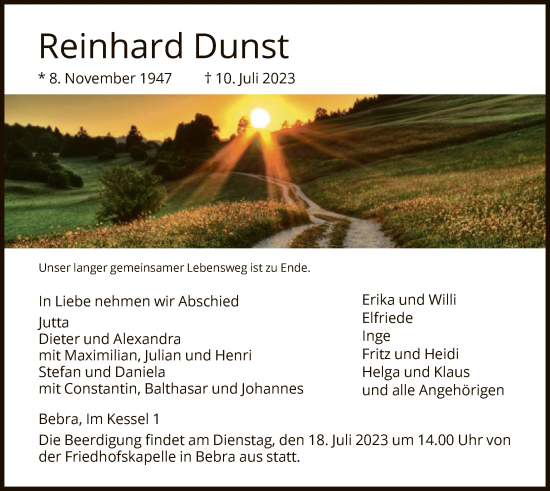 Traueranzeige von Reinhard Dunst von HNA