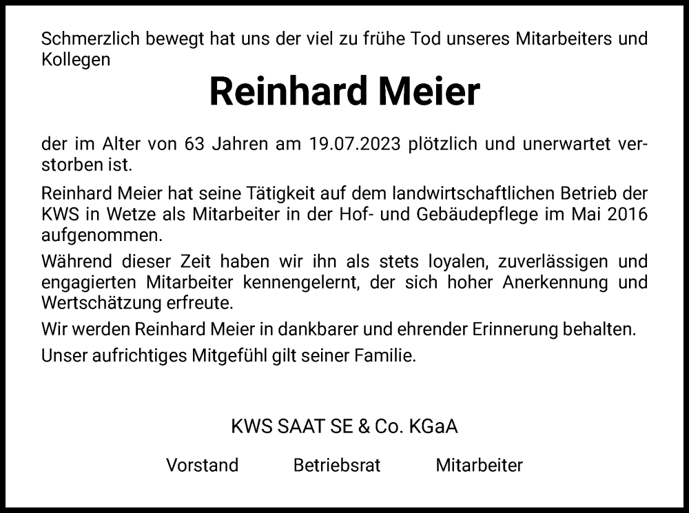  Traueranzeige für Reinhard Meier vom 26.07.2023 aus HNA