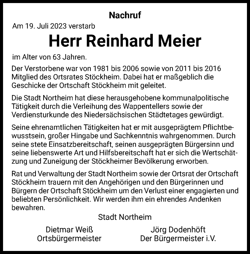  Traueranzeige für Reinhard Meier vom 28.07.2023 aus HNA