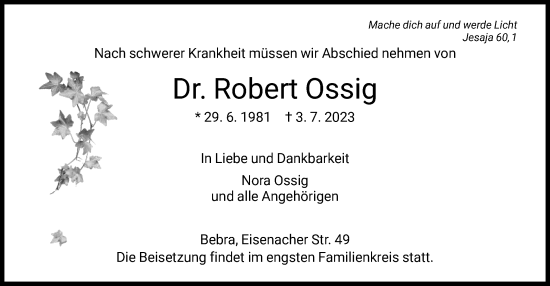 Traueranzeige von Robert Ossig von HNA