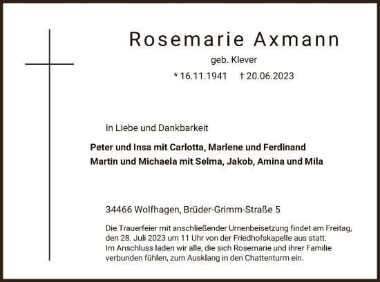 Traueranzeige von Rosemarie Axmann von HNA