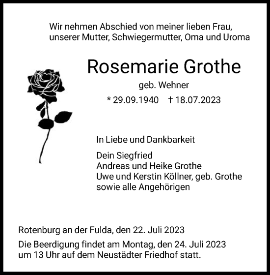 Traueranzeige von Rosemarie Grothe von HNA