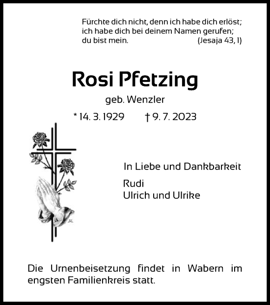 Traueranzeige von Rosi Pfetzing von HNA