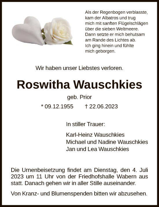 Traueranzeige von Roswitha Wauschkies von HNA