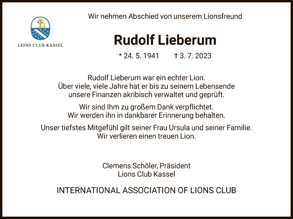  Traueranzeige für Rudolf Lieberum vom 15.07.2023 aus HNA