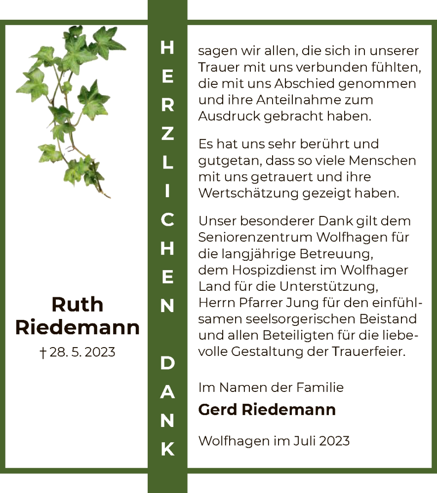  Traueranzeige für Ruth Riedemann vom 08.07.2023 aus HNA