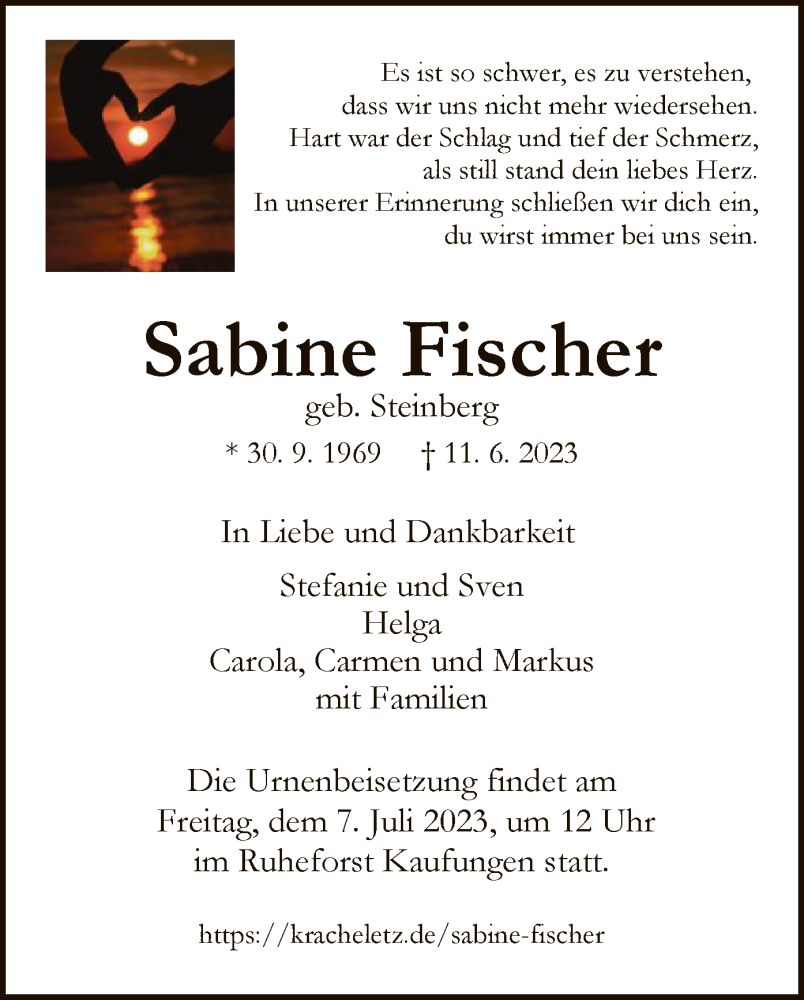  Traueranzeige für Sabine Fischer vom 01.07.2023 aus HNA