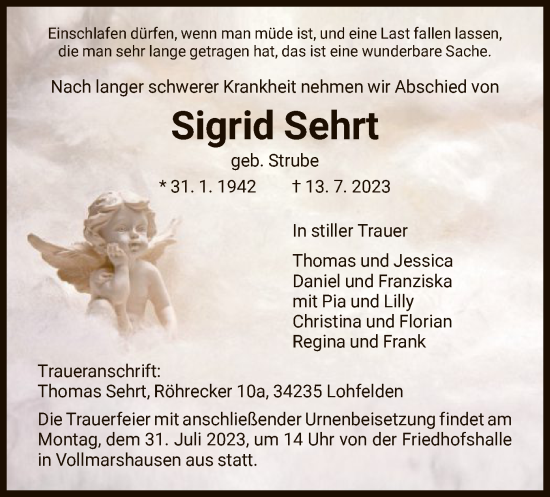 Traueranzeige von Sigrid Sehrt von HNA