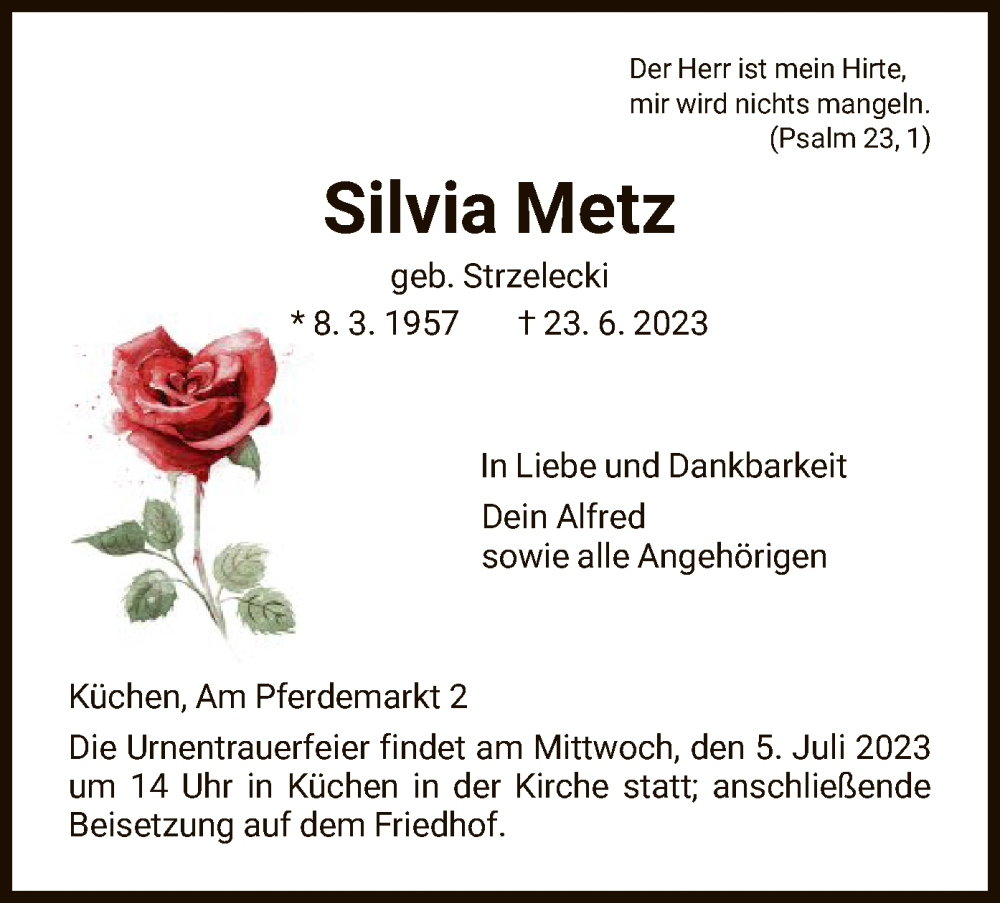  Traueranzeige für Silvia Metz vom 01.07.2023 aus HNA