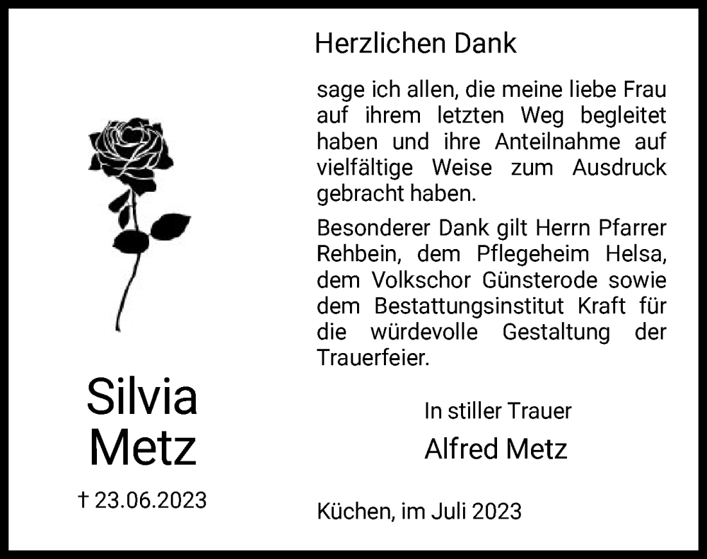  Traueranzeige für Silvia Metz vom 15.07.2023 aus HNA