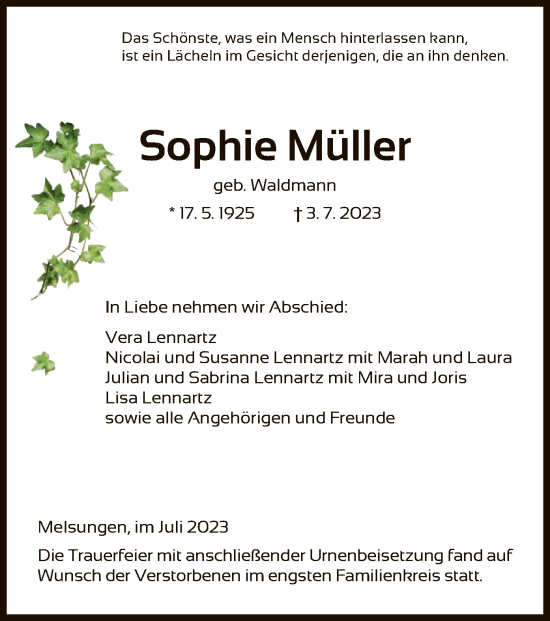 Traueranzeige von Sophie Müller von HNA