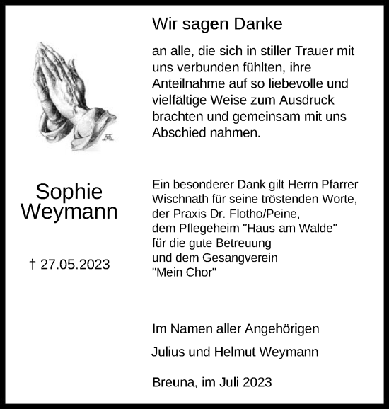 Traueranzeige von Sophie Weymann von HNA