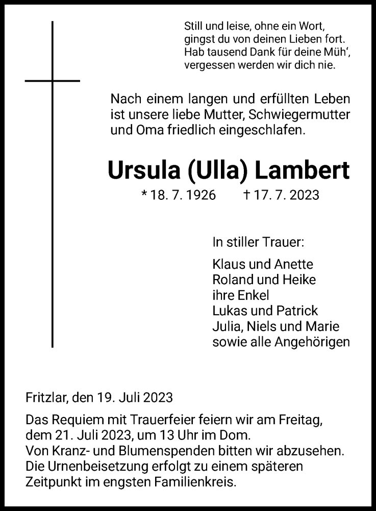  Traueranzeige für Ursula  Lambert vom 19.07.2023 aus HNA