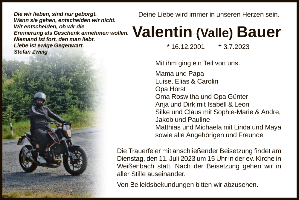  Traueranzeige für Valentin Bauer vom 08.07.2023 aus HNA