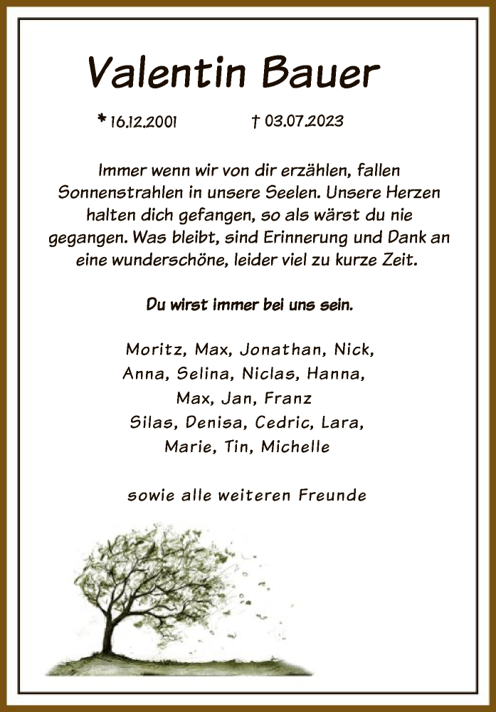  Traueranzeige für Valentin Bauer vom 10.07.2023 aus HNA