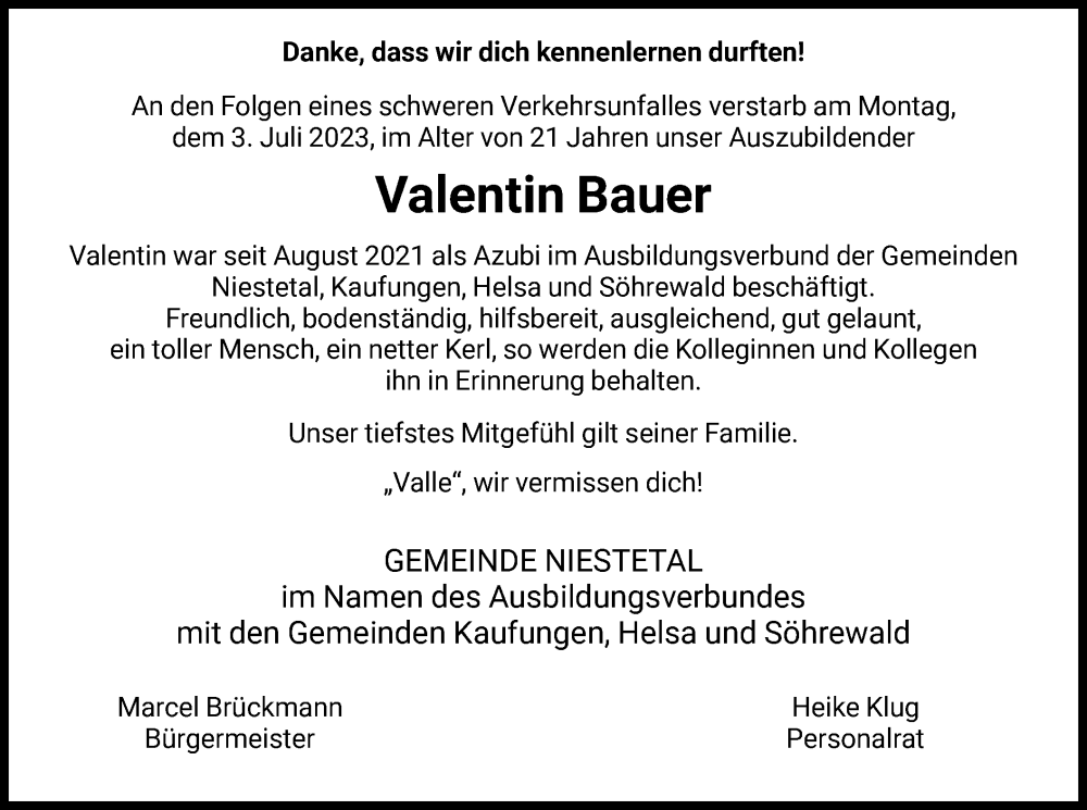  Traueranzeige für Valentin Bauer vom 08.07.2023 aus HNA