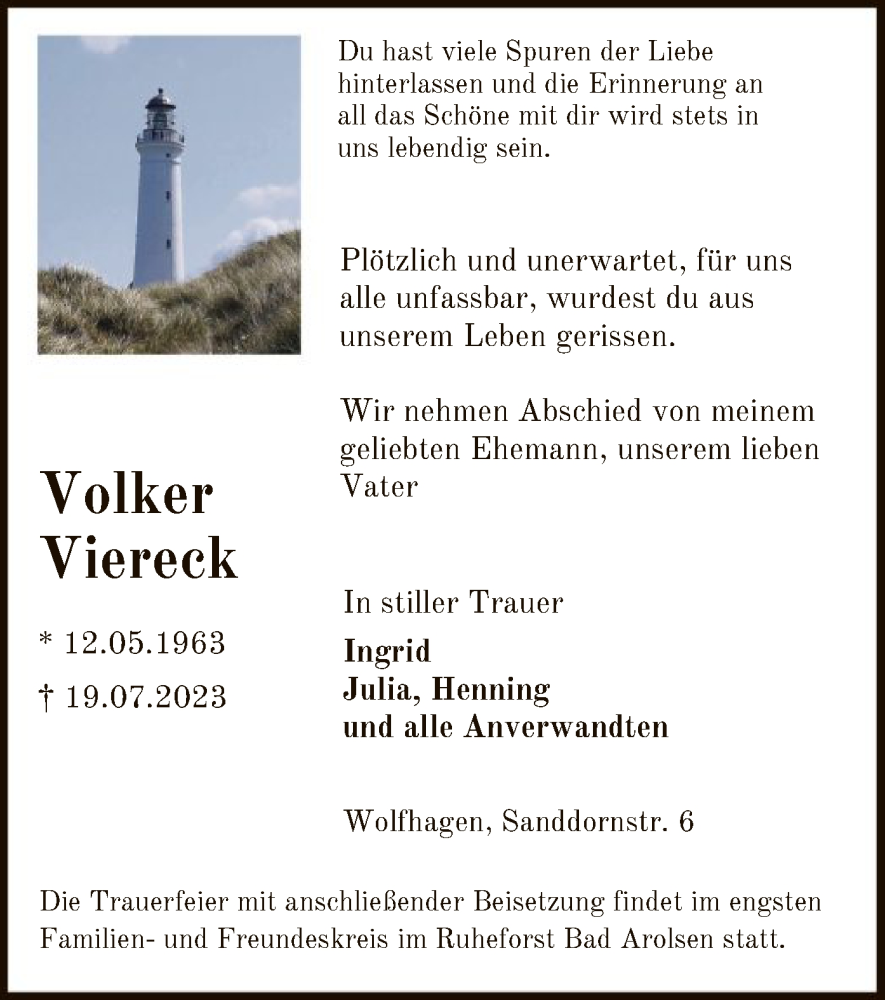  Traueranzeige für Volker Viereck vom 28.07.2023 aus HNA
