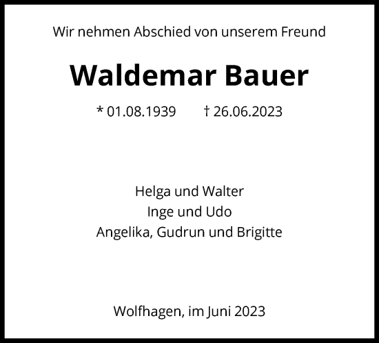 Traueranzeige von Waldemar Bauer von HNA