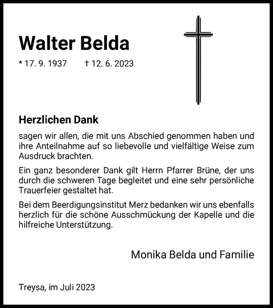 Traueranzeige von Walter Belda von HNA