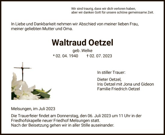 Traueranzeige von Waltraud Oetzel von HNA