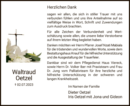 Traueranzeige von Waltraud Oetzel von HNA