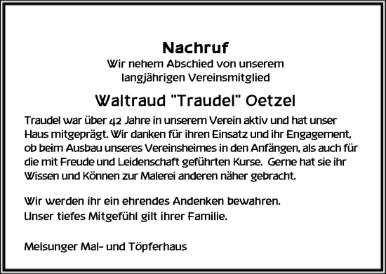 Traueranzeige von Waltraud Oetzel von HNA