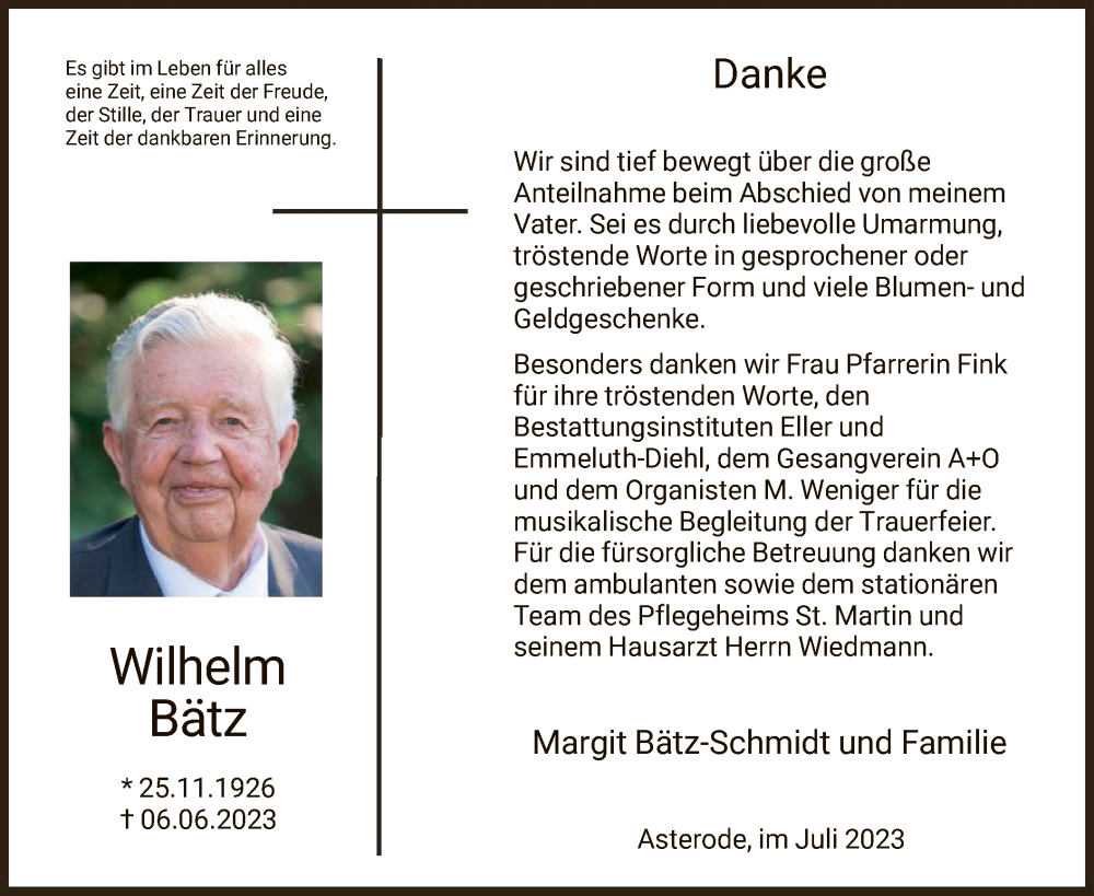  Traueranzeige für Wilhelm Bätz vom 15.07.2023 aus HNA