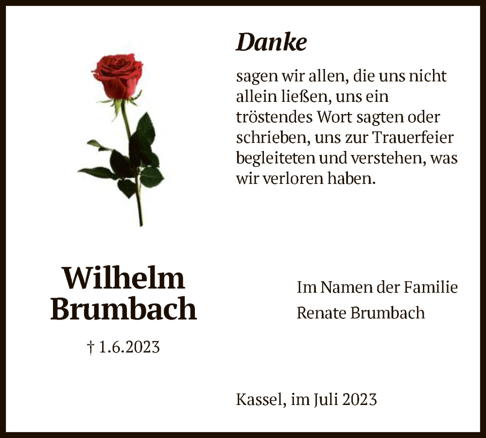  Traueranzeige für Wilhelm Brumbach vom 01.07.2023 aus HNA