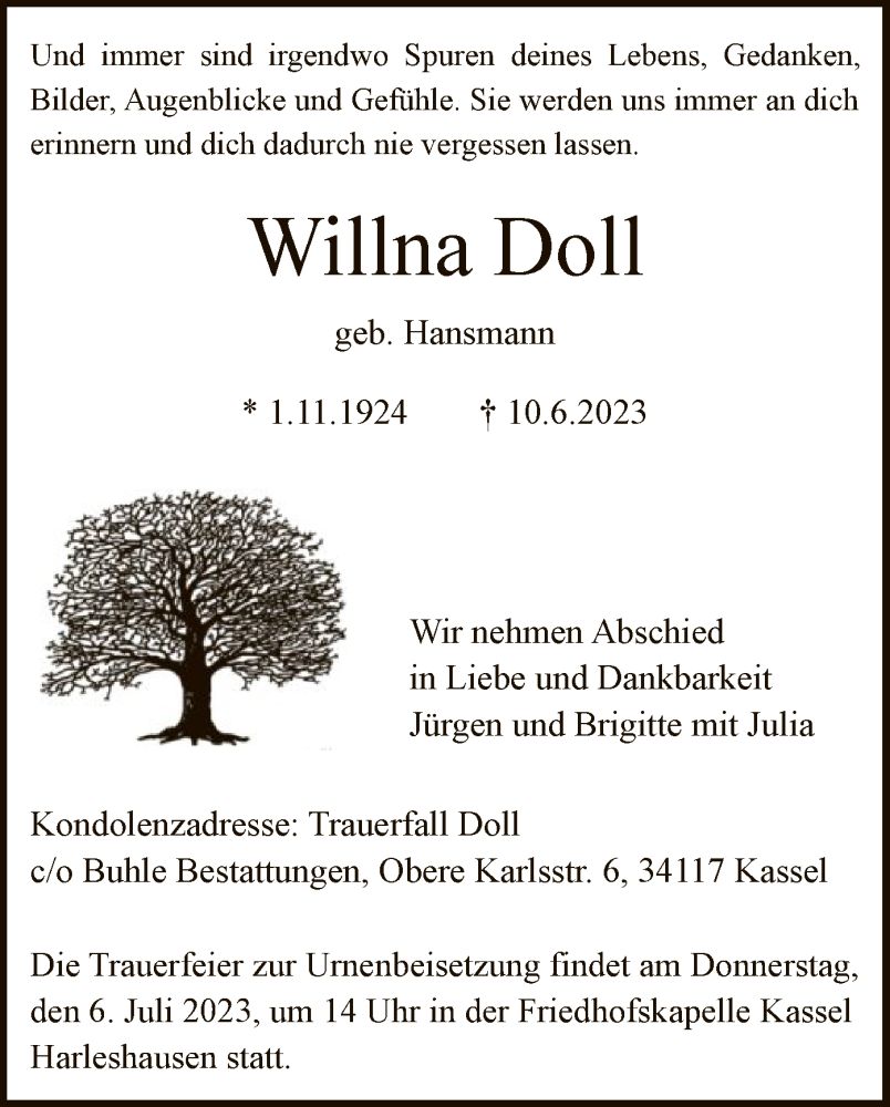  Traueranzeige für Willna Doll vom 01.07.2023 aus HNA